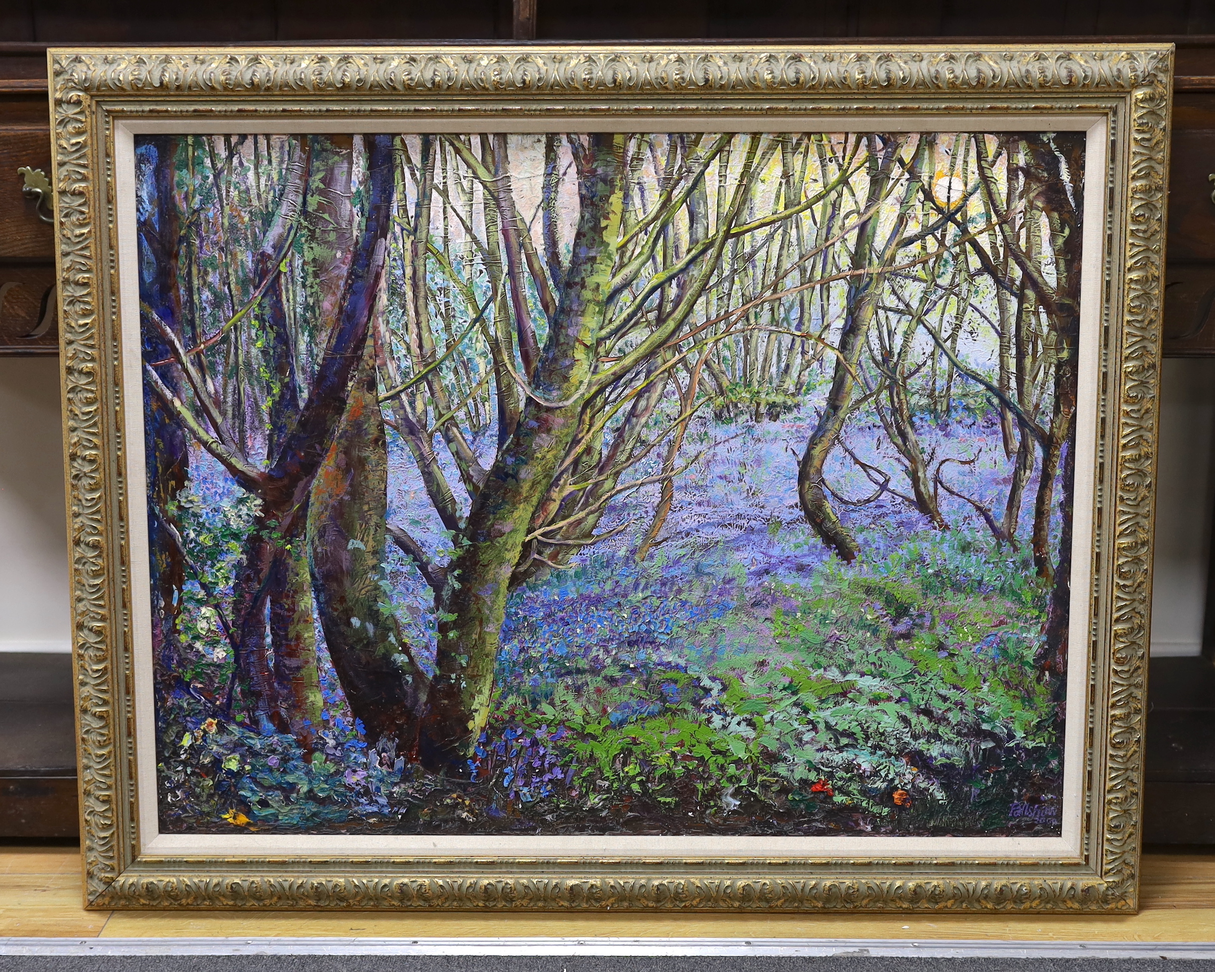 Daniel Fallshaw (b.1946), impasto oil on canvas, 'Bluebell Wood', signed and dated 2000, 72 x 92cm